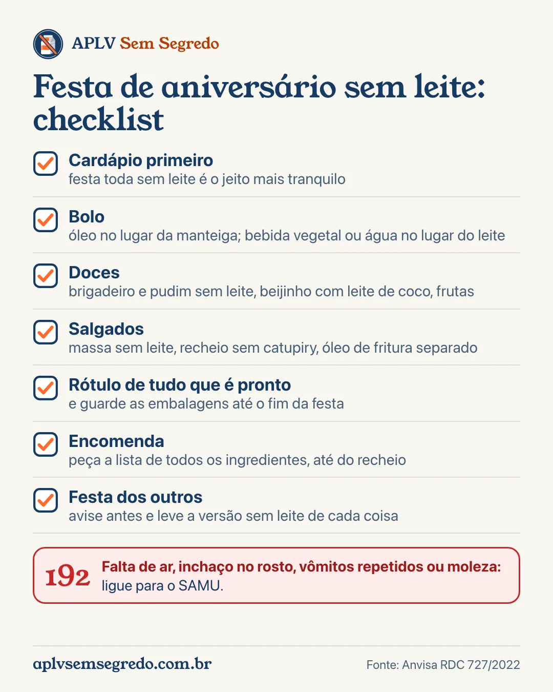 Infográfico checklist da festa de aniversário sem leite: cardápio, bolo, doces, salgados, rótulos, encomenda e festa dos outros